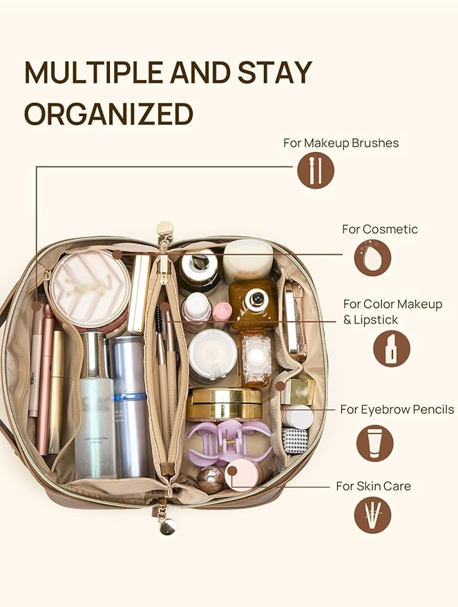 Telena Leather Make Up Bag Portable Travel Makeup Bag Waterproof Cosmetic Bags for Women Large Capacity With Handle and Divider Open Flat