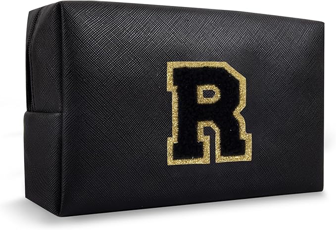 Small Travel Initial Preppy Makeup Bag, Personalized Black Cute Cosmetic Organizer Chenille Letter Toiltery Zipper Pouch for Purse, Waterproof Makeup Storage Gifts for Female Teacher Friend(Letter R)