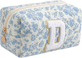 Gleyemor Personalized Initial Makeup Bag for Women, Cute Quilted Blue Floral Cotton Cosmetic Bag, Christmas Gifts for Her Mom Friend Sister Bridesmaid Teacher Women D