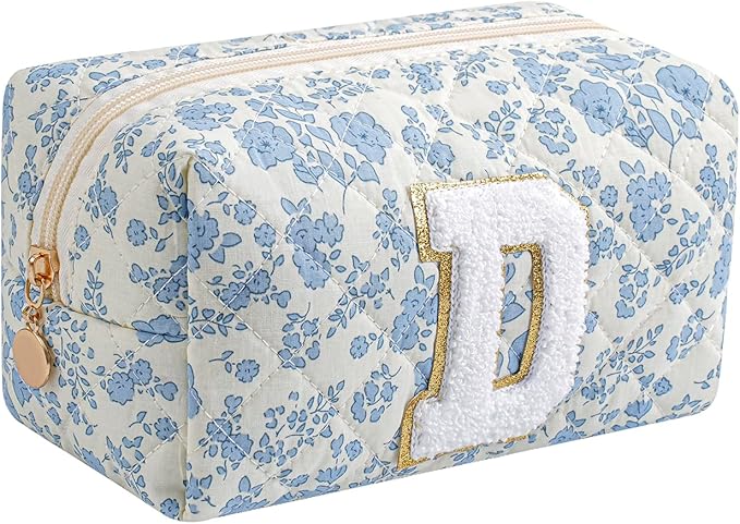 Gleyemor Personalized Initial Makeup Bag for Women, Cute Quilted Blue Floral Cotton Cosmetic Bag, Christmas Gifts for Her Mom Friend Sister Bridesmaid Teacher Women D