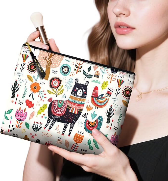 Cute Makeup Bag for Purse Waterproof Cosmetic Bags for Women Funny Smooth Zipper Travel Toiletry Pouch 10X8 Inches-Creamy Alpaca Makeup pouch