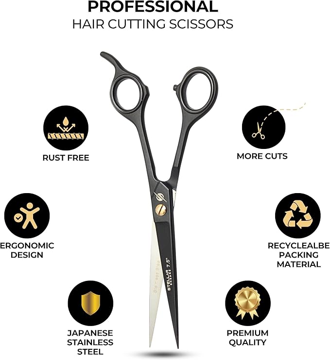 Professional Hair Cutting Scissors 7.5” – Premium Japanese Stainless Steel Barber Shears for Men, Women, Kids & Pets – Precision Haircut Scissors for Salon & Home Use – Black