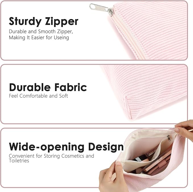 Corduroy Makeup Bag, Travel Cosmetic Bag Organizer Toiletry Bag Make Up Bags with Zipper & Compartments for Women Girls, 2PCS