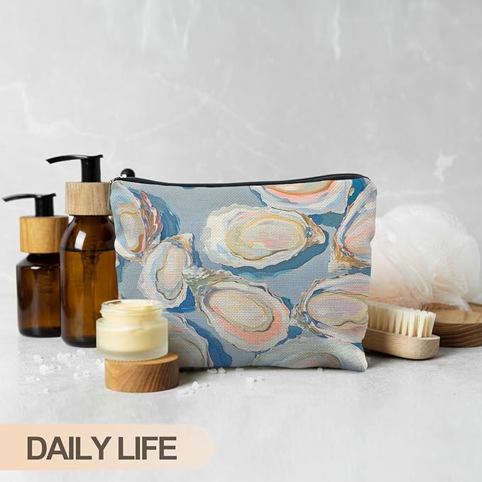 Abstract Blue Oyster Beach Makeup Bag, Oyster Gifts Cosmetic Bags for Women, Gifts for Beach Ocean Lovers, Coastal Pastel Oysters Shell Zipper Makeup Pouch