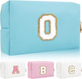Personalized Initial Letter Patch Makeup Bag, Preppy Portable Chenille Cosmetic Bag with Zipper, PU Leather Waterproof Travel Toiletry Bag Monogram Make Up Pouch for Women Girls