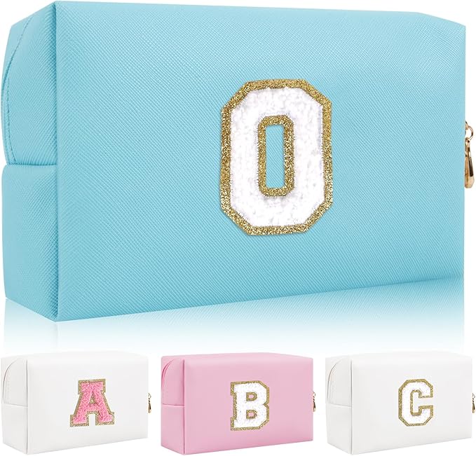 Personalized Initial Letter Patch Makeup Bag, Preppy Portable Chenille Cosmetic Bag with Zipper, PU Leather Waterproof Travel Toiletry Bag Monogram Make Up Pouch for Women Girls