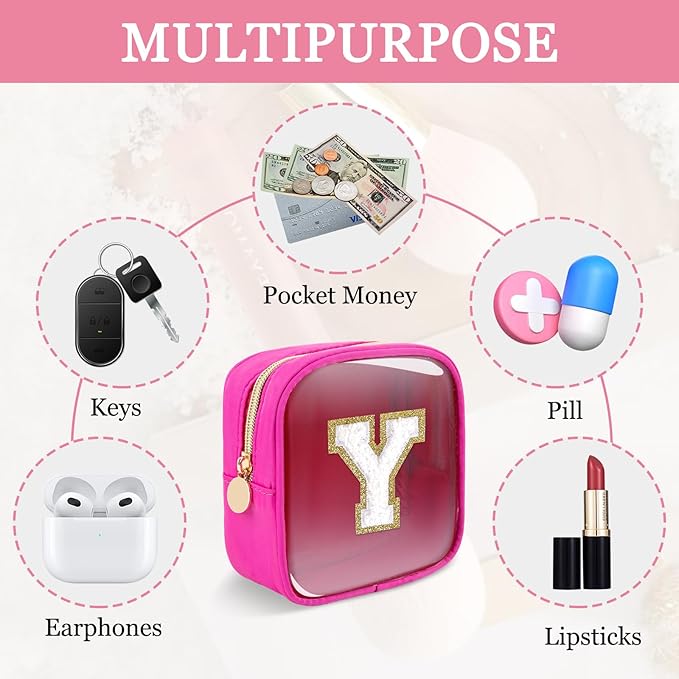 Mini Clear Personalized Initial Makeup Bag, Small Preppy A-Z Chenille Letter Patch Cosmetic Pouch, Transparent PVC & Nylon Waterproof Zip Beach Toiletry Bag,Gift for Women Girls(Hot Pink-White Y)