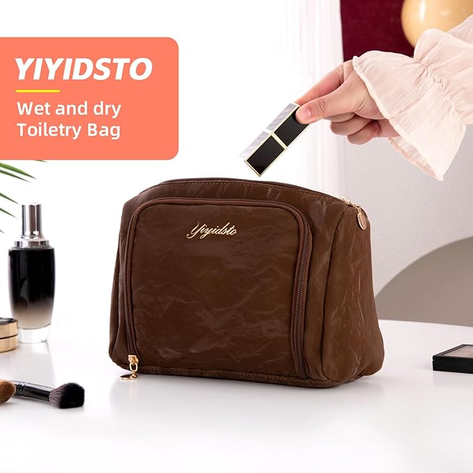 Cosmetic Bag Travel Makeup Bag Large Capacity Small Travel Zipper Pouch Makeup Organizer Bag for Women (Brown-2 Pack)