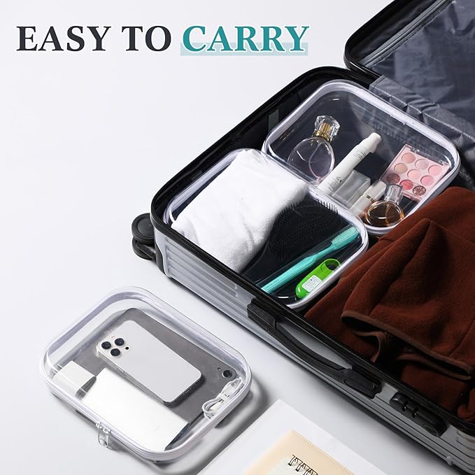 Sanwuta 6 Pcs Clear Hard Zipper Case Hard Plastic Zipper Pouches Makeup Bag Pencil Pouches Transparent Cases for Snacks Plastic Storage Organizer Box for Travel(White,9.84 x 7.87 x 2 Inch)