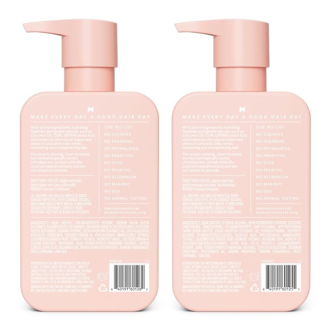 MONDAY HAIRCARE Curl Define Shampoo + Conditioner Set (2 Count) 12 oz Each Nourishes Curls, Tames Frizz, Coconut Oil and Shea Butter Enhance Shine, 100% Recyclable Bottle
