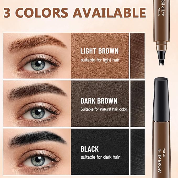 2Pcs Magic Microblading Eyebrow Pencil, 4-Tip Brow Pencil with Micro-Fork Tip, 3D Waterproof Microblading Eyebrow Pen, Eyebrow Tattoo Pen for Natural Makeup (Dark Brown)