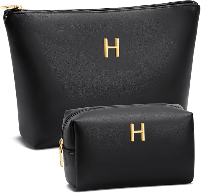 Women Gifts | Initial Makeup Bag Set for Girl Personalized Gifts for Bridesmaid Friend Graduation Teachers PU Leather Cosmetic Travel Toiletry Bag(Black,H)