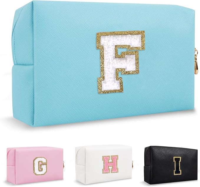 Personalized Small Initial Preppy Makeup Bag, Blue Cute Cosmetic Organizer Chenille Letter Travel Toiletry Zipper Pouch, Portable Waterproof Makeup Case Friendship Gifts for Families Friends(Letter F)