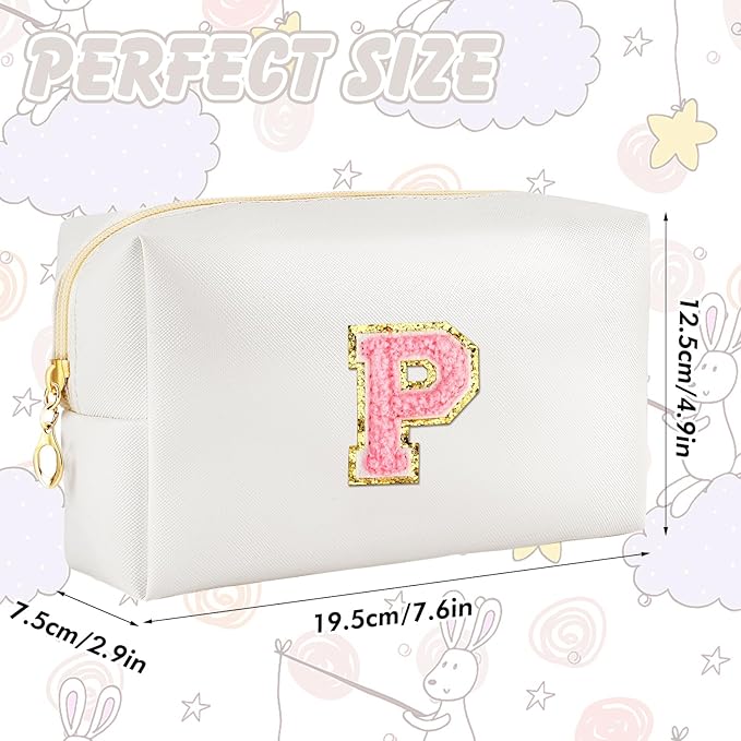 Initial Makeup Bag Personalized Preppy Travel Small Cosmetic Bag Cute PU White Chenille Letter Makeup Pouch for Purse Waterproof Zippered Toiletry Organizer for Women Girl Kid Friends (P)