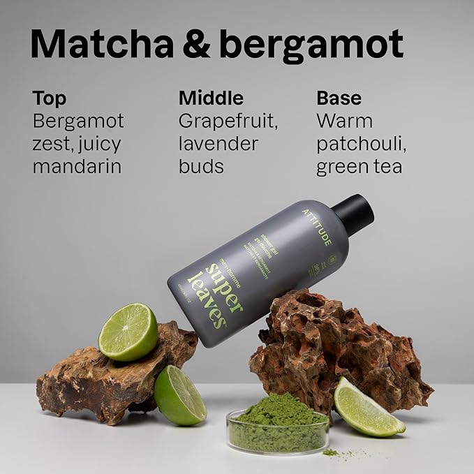 ATTITUDE Shower Gel Body Wash for Men, 98% Natural Origin Ingredients, Paraben & Phthalate Free, EWG Verified, Cleanses Without Drying, Matcha & Bergamot, 14 Fl Oz
