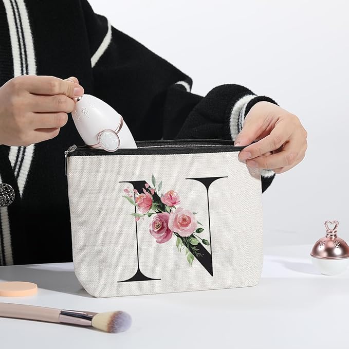 Initial Makeup Bag, Personalized Gifts for Women, Bridesmaid Gifts, Birthday Gifts for Women Mom, Gifts for Best Friend, Bride Bridesmaid Cosmetic bag (Letter N)