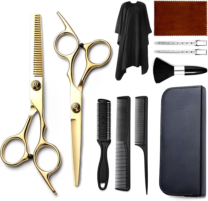 Hair Cutting Scissors Kit 11PCS, Professional Haircut Scissors with Japanese Stainless Steel Shears, Thinning Shears, Haircut Accessories in Leather Case for Salon/Home (Gold)