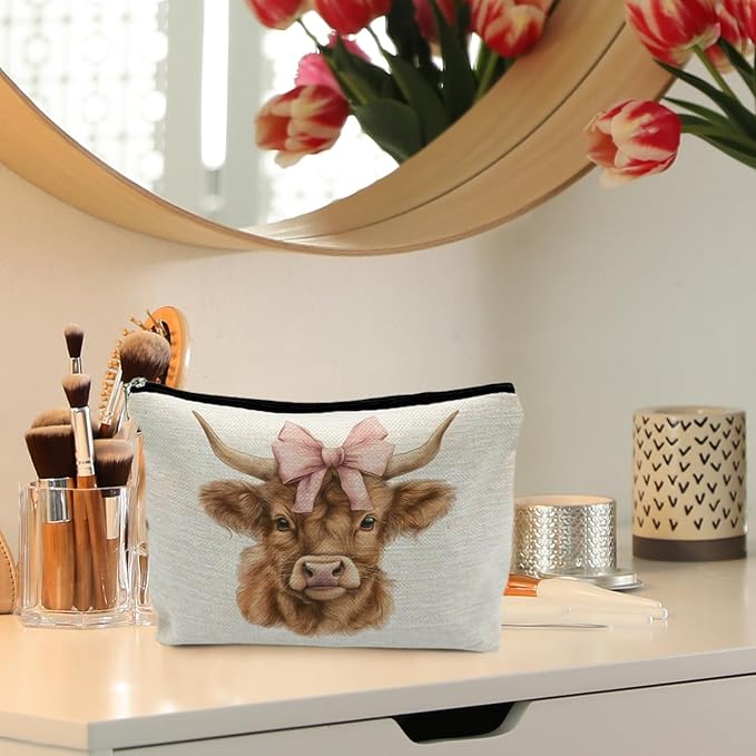 Highland Cow Makeup Bag - Pink Bow Cow Gifts for Women, Western & Cowgirl Gifts