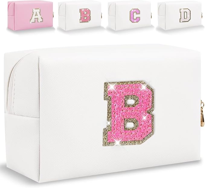 Small Personalized Glitter Initial Letter Makeup Bag, Cute PU Leather Chenille Letters Cosmetic Bag Travel Makeup Pouch, Preppy Travel Organizer Zipper Pouch for Women&Girls（WhiteRosePink-B）