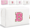 Small Personalized Glitter Initial Letter Makeup Bag, Cute PU Leather Chenille Letters Cosmetic Bag Travel Makeup Pouch, Preppy Travel Organizer Zipper Pouch for Women&Girls（WhiteRosePink-B）