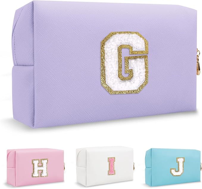 Personalized Initial Preppy Makeup Bag Organizer, Small Cute Purple Cosmetic Zipper Pouch Travel Toiletry Bag,Waterproof PU Monogram Make Up Storage Case Graduation Gifts for Teacher Friends(Letter G)