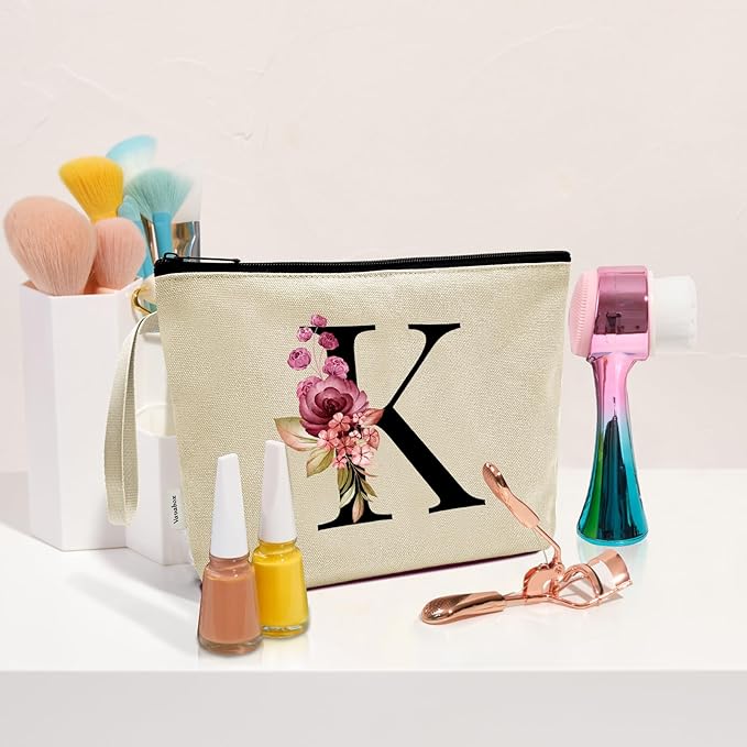 Vavabox A-Z Personalized Makeup Bag, Birthday Gifts for Women Mom, Gifts for Best Friend, Bride Bridesmaid Cosmetic bag (K, Yellow)