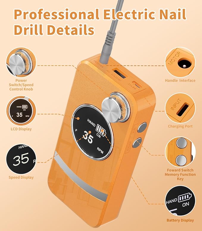 [2025 Upgraded] Electric Nail Drill Professional, Portable Rechargeable 40000 RPM - Cordless Electric Nail File Machine Kit for Acrylic Gel Polishing Removing, Manicure at Home DIY & Salon (Orange)
