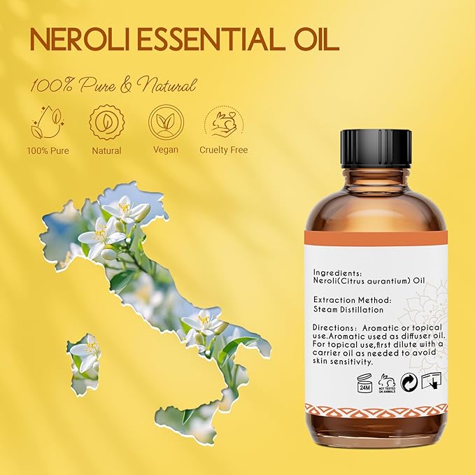 Neroli Essential Oil Organic for Skin Diffuser Room Spray, 100% Pure Bitter Orange Blossom Essential Oil Neroli 4 Oz