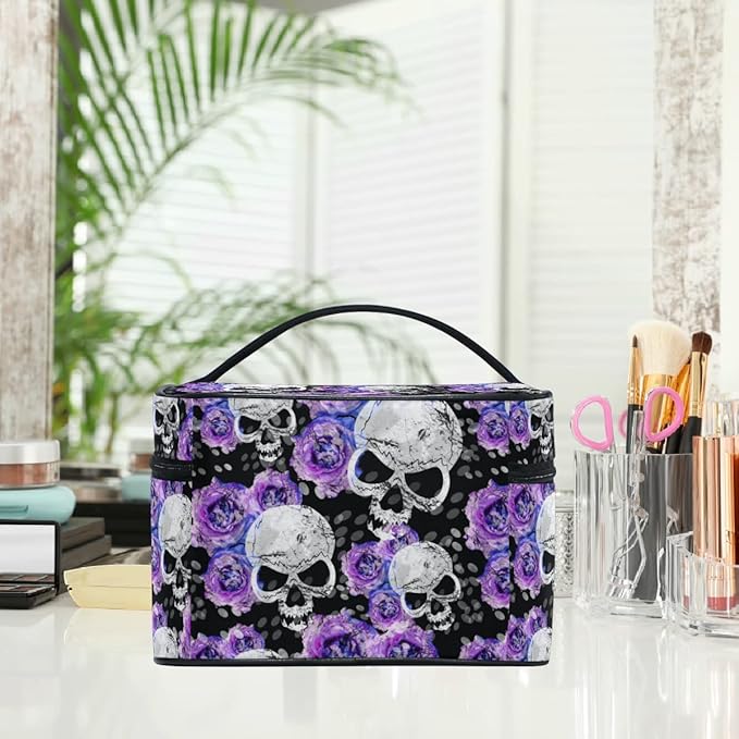 Skull Makeup Bag Purple, Flowers and Skull Gothic Makeup Organizer Bags Toiletry Bag Box Travel Cosmetic Bag Make Up Train Case for Women Teen Girl Ladies