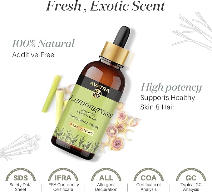 Avatra Lemongrass Essential Oil 100ML (3.38 OZ) with Glass Dropper and Travel Bottle, Pure and Natural Therapeutic Grade Lemongrass Oil for Diffuser, Aromatherapy, Massage, and DIY Candle Products
