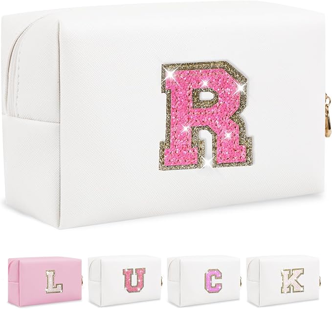 Personalized Initial Letter Makeup Bag, Small Glitter Letter Patch Cosmetic Pouch Zipper, Preppy Makeup Organizer PU Waterproof Travel Toiletry Bag, Monogrammed Birthday Gift for Women Girls
