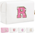 Personalized Initial Letter Makeup Bag, Small Glitter Letter Patch Cosmetic Pouch Zipper, Preppy Makeup Organizer PU Waterproof Travel Toiletry Bag, Monogrammed Birthday Gift for Women Girls