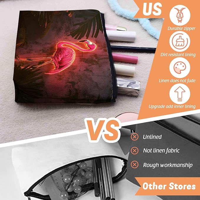 Cosmetic Bags Travel Makeup Toilet Case Waterproof Pouch for Women Girls 6.7X9.45inches - Pink Flamingo With Neon Lighting