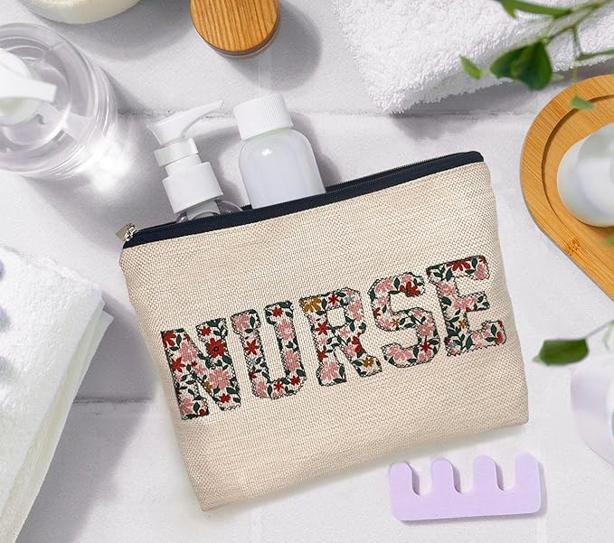 IWXYI Nurse Floral Makeup Bag - Zipper Pouch Travel Toiletry Bag For Women - Nurse Appreciation Gift