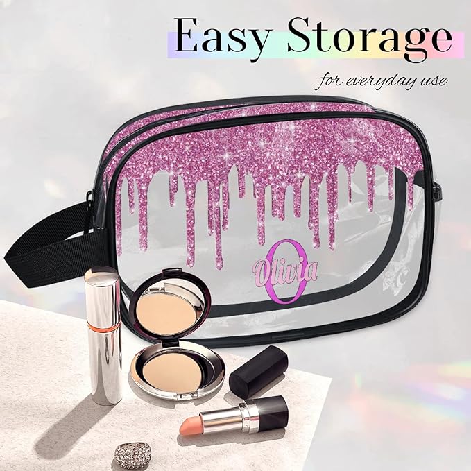 Personalized Transparent Travel Cosmetic Bag Waterproof Makeup Bags, Custom Name Clear Organizer Case Toiletries Container Bag, Orchid Pink Water Fluid Shape Shiny Glitters
