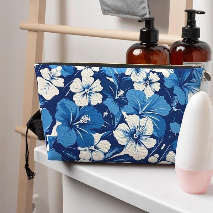 Womens Leather Makeup Bag Cosmetic Bag Travel Toiletry Bags Make Up Bags for Women Adult (Blue Hibiscus 3)