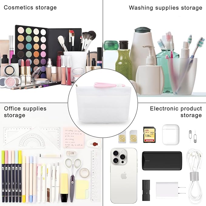 DOB SECHS Quilted Makeup Bag with Handle Detachable Cute Puffy Cotton Cosmetic Bags for Women, Small Puffer Toiletry Zipper Make Up Pouch, Quilt Clutch Bag Travel Organizer Storage Pouches Case, White