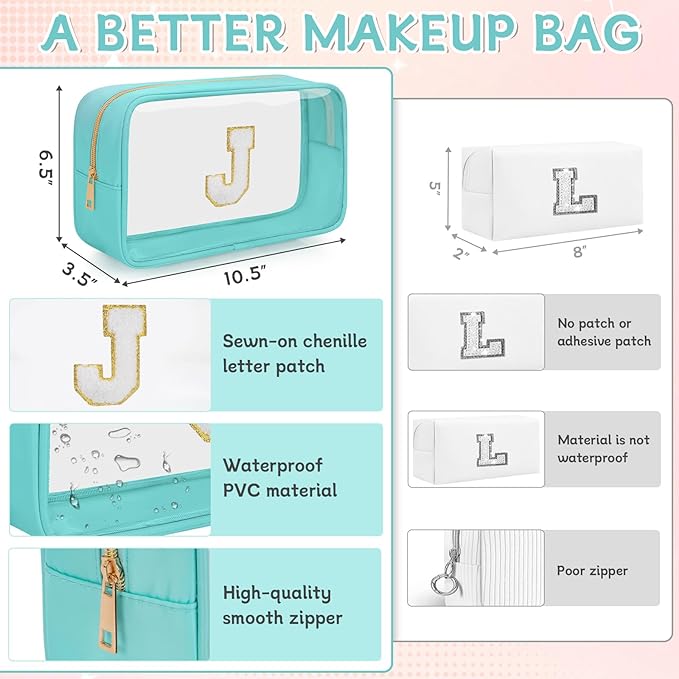 Personalized Initial Clear Makeup Bag, Travel Chenille Patch Cosmetic Bag, Preppy Toiletry Bag Monogram Cosmetic Pouch with Zipper, Ideal Gift for Teen Girls Women (Clear-Green, J)