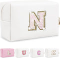 Personalized Initial Letter Makeup Bag, Small Glitter Letter Patch Cosmetic Pouch Zipper, Preppy Makeup Organizer PU Waterproof Travel Toiletry Bag,Monogrammed Birthday Gift for Women Girls(Letter N)
