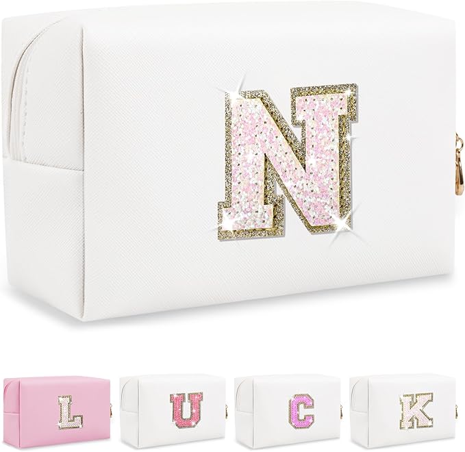 Personalized Initial Letter Makeup Bag, Small Glitter Letter Patch Cosmetic Pouch Zipper, Preppy Makeup Organizer PU Waterproof Travel Toiletry Bag,Monogrammed Birthday Gift for Women Girls(Letter N)