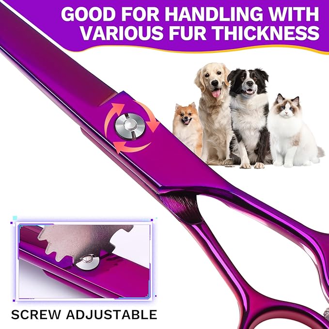 JASON Curved Shears for Dogs - 7.5" Pet Grooming Scissors with Ergonomic Handle Japanese Stainless Steel Trimming Scissor for Dogs, Cats and Other Pets, Sharp (Up-Curved, Purple) Christmas Gift