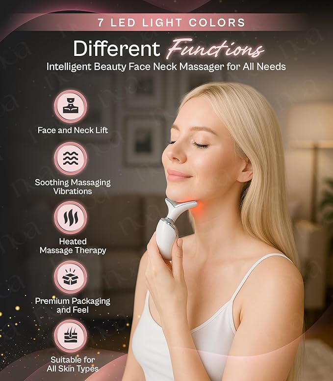 LuxeSkin 7 Color LED Red Light Therapy Facial Massager for Face and Neck, Electric Facial Tool for Skin Care with Vibration, Warm Mode & Travel Bag
