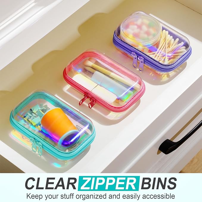 Hoolerry 3 Pcs Clear Hard Zipper Case Plastic Pouch Transparent Hard Case Clear Makeup Bag Portable Travel Organizer Bin for Cosmetics, Building Blocks, Puzzles(Laser,Xs)