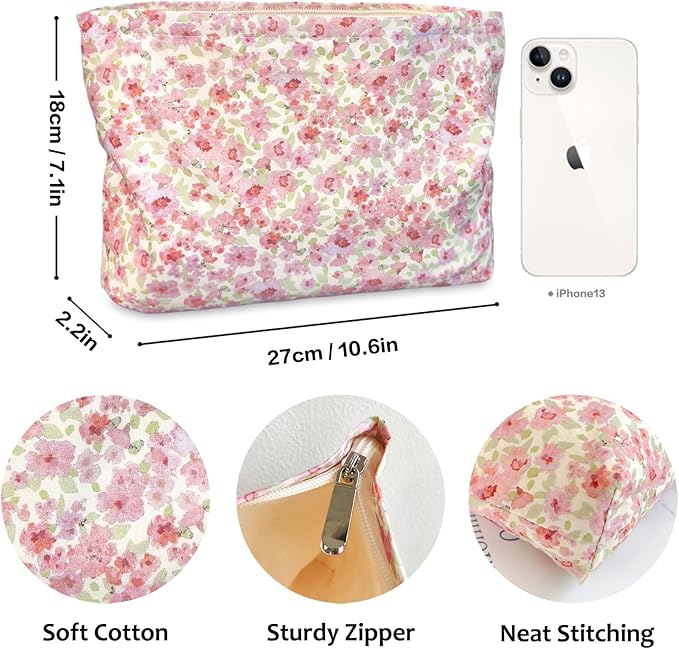 STARDW Aesthetic Floral Makeup Bag Cute Small Cosmetic Bags for Women Girls, Travel Toiletry Bag Large Capacity Zipper Makeup Pouch, Purse Organizer Pouches