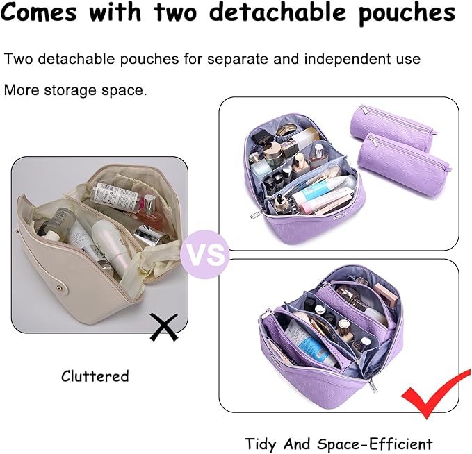 BOYATU Travel Makeup Bag for Women: Cosmetic Organizer Bag with Compartments - Leather Make up Bags Set of 3 (G-1-Purple)