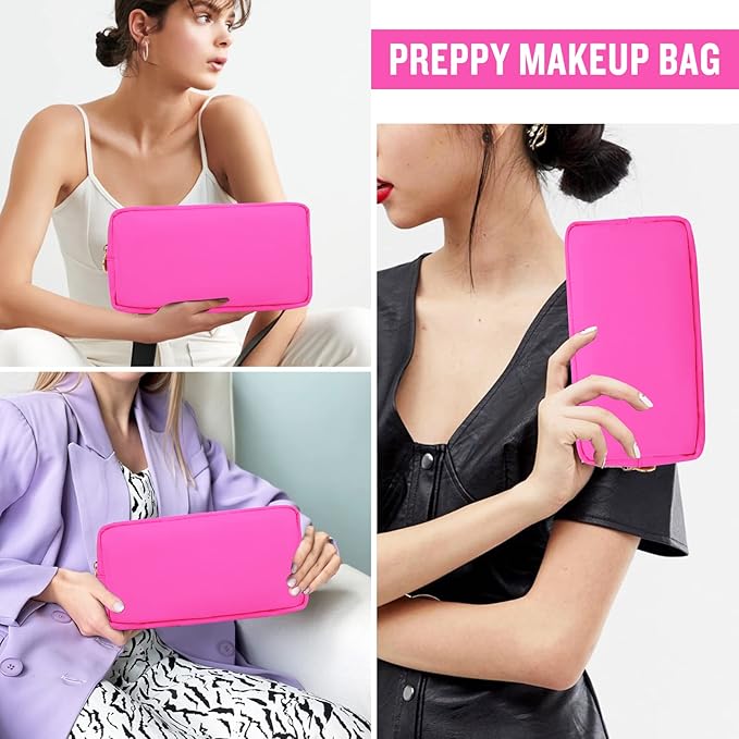 Nylon Small Makeup Bag for Purse, Cute Preppy Makeup Bag Cosmetic Zipper Pouch Purse, Waterproof Portable Travel Toiletry Bag Clutch Makeup Brush Bag Organizer Storage for Women Men Girls(Hot Pink)