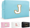 Personalized Preppy Small Travel Makeup Bag, Initial Chenille Letter Blue Makeup Bag Cosmetic Zipper Pouch Toiletry Organizer, PU Waterproof Makeup Case Storage Cute Preppy Stuff for Female(Letter J)