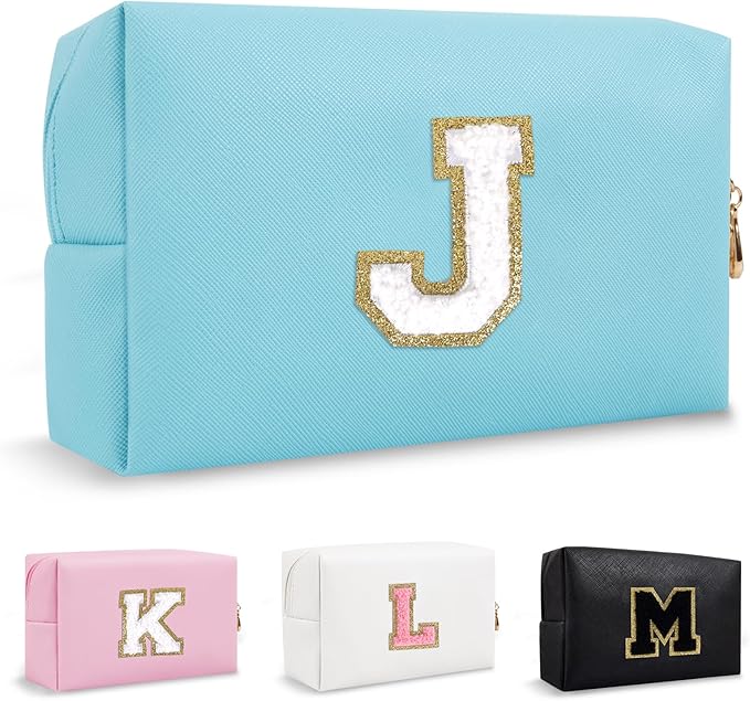 Personalized Preppy Small Travel Makeup Bag, Initial Chenille Letter Blue Makeup Bag Cosmetic Zipper Pouch Toiletry Organizer, PU Waterproof Makeup Case Storage Cute Preppy Stuff for Female(Letter J)