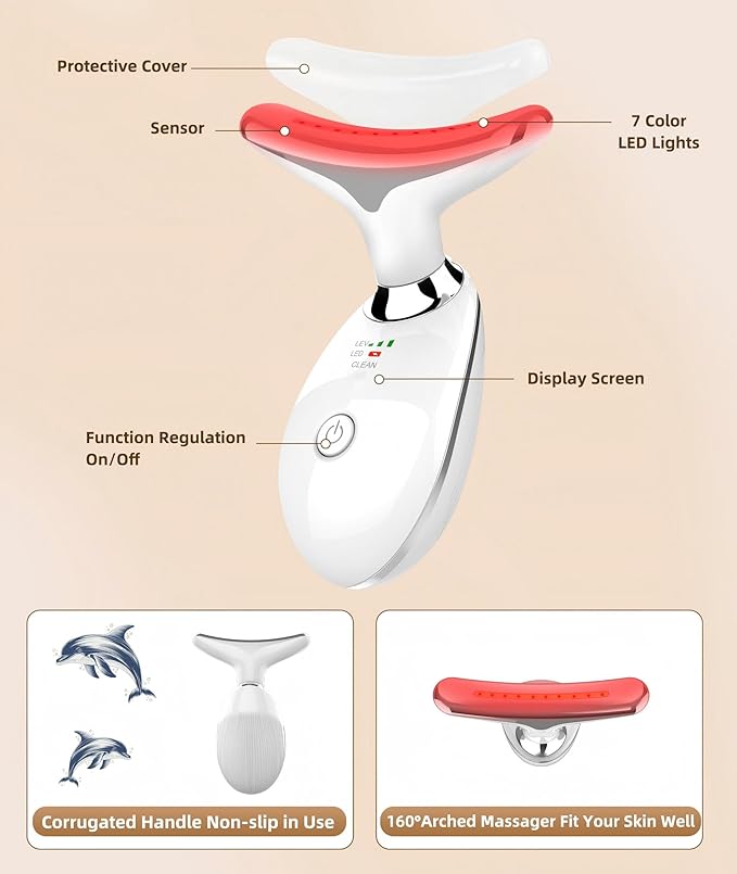 7 Color Face and Neck Massager Light Therapy, Red Light Based Facial Massager for Skin Care, Firming, Smoothing (White)