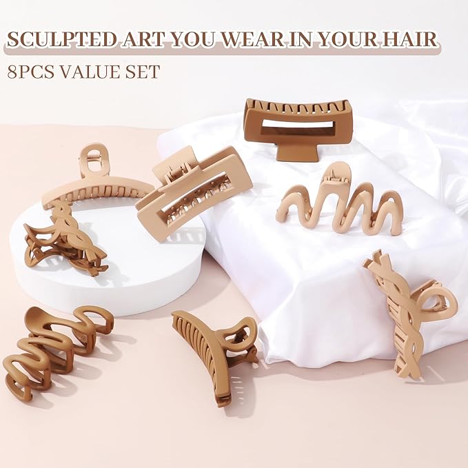 Matte Non-Slip Large Hair Clips for Women 8PCS (4 Beige+4 Khaki), Durable Claw Clips for Women/Girls | Gift-Ready Neutral Hair Accessories for Daily & Special Occasions
